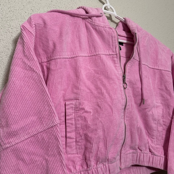Forever 21 Light Pink Cropped Corduroy Drawstring Hood Bomber Jacket - Medium - Picture 3 of 7